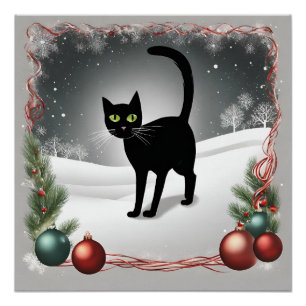 Cute Black Cat Christmas Illustration  Poster