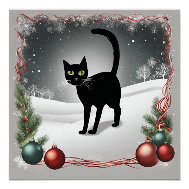 Cute Black Cat Christmas Illustration  Poster (Front)