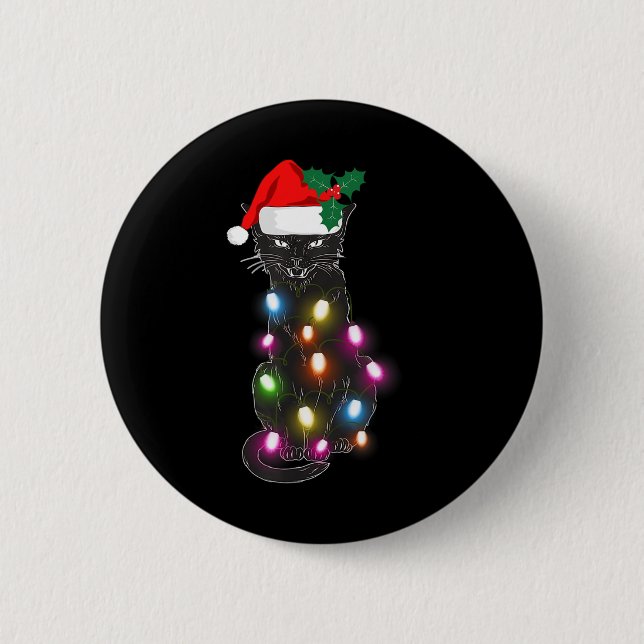Cute Black Cat Christmas Light Fun Cat Lover Chris 2 Inch Round Button (Front)