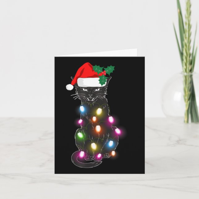 Cute Black Cat Christmas Light Fun Cat Lover Chris Card (Front)