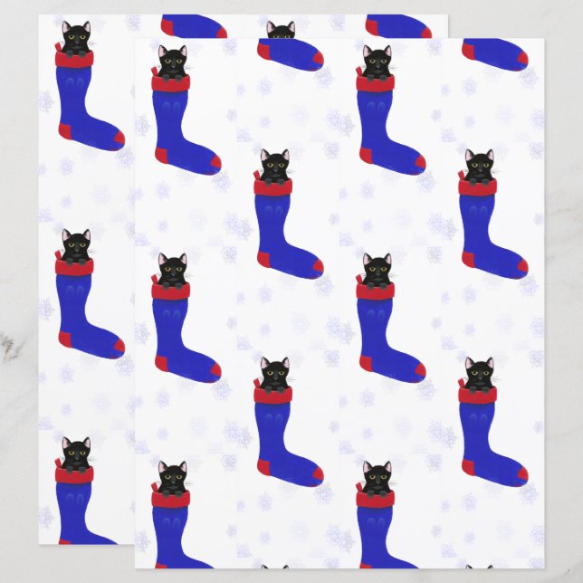 Cute Black Cat, Christmas Stocking Scrapbook Paper (Front/Back)