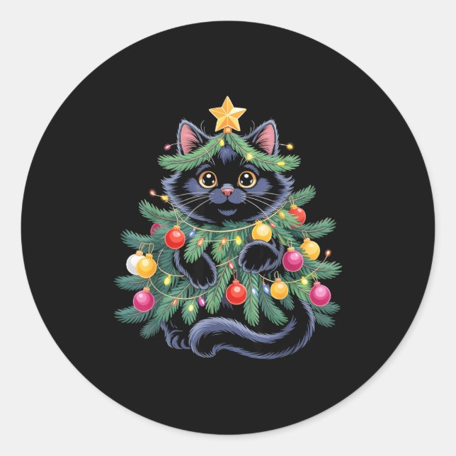 Cute Black Cat Christmas Tree Funny Kitten Lover X Classic Round Sticker (Front)