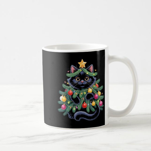 Cute Black Cat Christmas Tree Funny Kitten Lover X Coffee Mug (Right)