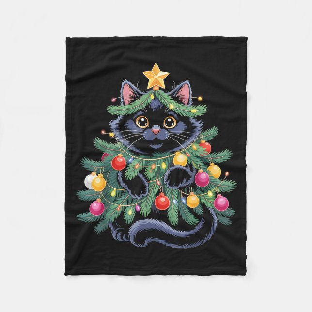 Cute Black Cat Christmas Tree Funny Kitten Lover X Fleece Blanket (Front)