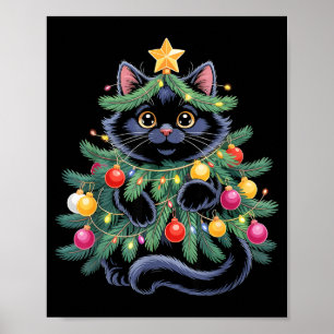 Cute Black Cat Christmas Tree Funny Kitten Lover X Poster