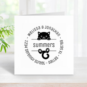 Cute Black Cat Couple Family Round Address 2 Rubber Stamp