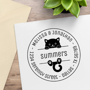 Cute Black Cat Couple Family Round Address Rubber Stamp
