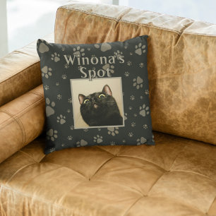 Cute Black Cat Custom Pet Photo Name Paws Throw Pillow