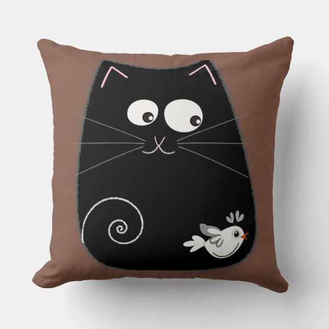 Cute black cat design with bird throw pillow (Front)