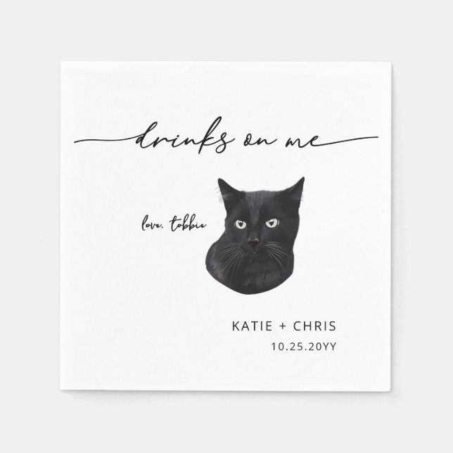 Cute Black Cat Drinks on me Wedding Napkin (Front)