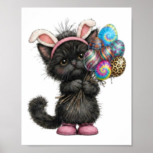 Cute Black Cat Easter Bunny Ears Eggs Easter Day W Poster