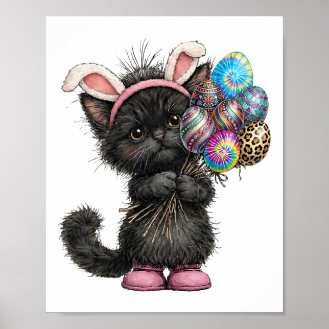 Cute Black Cat Easter Bunny Ears Eggs Easter Day W Poster (Front)