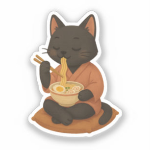 Cute Black Cat Eating Ramen