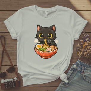 Cute Black Cat Eating Ramen & Texting T-Shirt