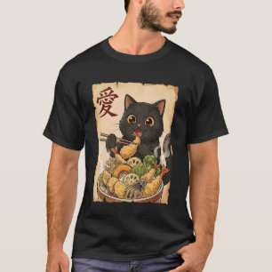 Cute Black Cat Eating Tempura Bowl Anime Art Japan T-Shirt