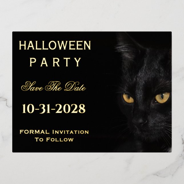 Cute Black Cat Eyes Save The Date Party Halloween  Foil Holiday Postcard (Front)