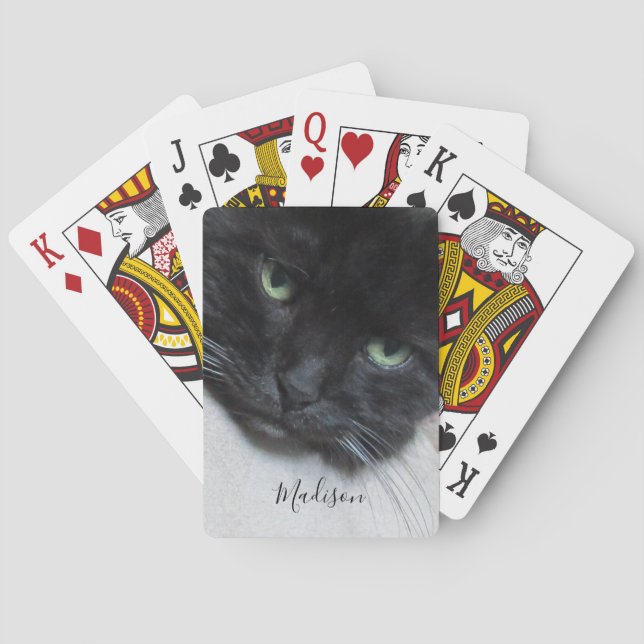 Cute Black Cat Face Photo Name Playing Cards (Back)