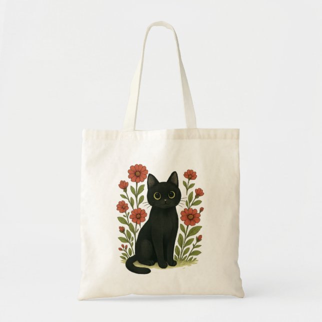 Cute Black Cat Floral Tote Bag (Front)