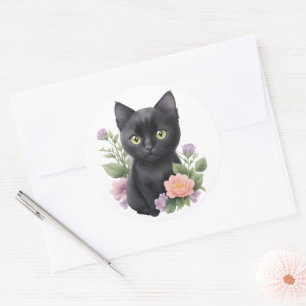 Cute Black Cat Floral Whimsical Classic Round Sticker