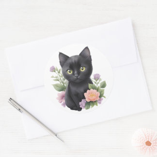 Cute Black Cat Floral Whimsical Classic Round Sticker