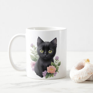 Cute Black Cat Floral Whimsical  Coffee Mug
