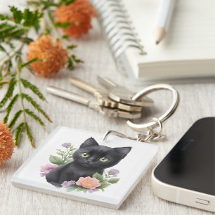 Cute Black Cat Floral Whimsical Keychain