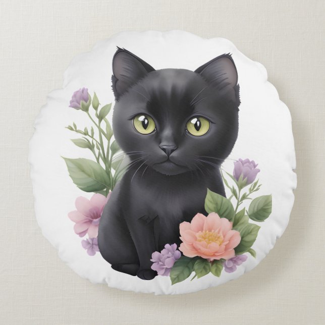 Cute Black Cat Floral Whimsical  Round Pillow (Front)
