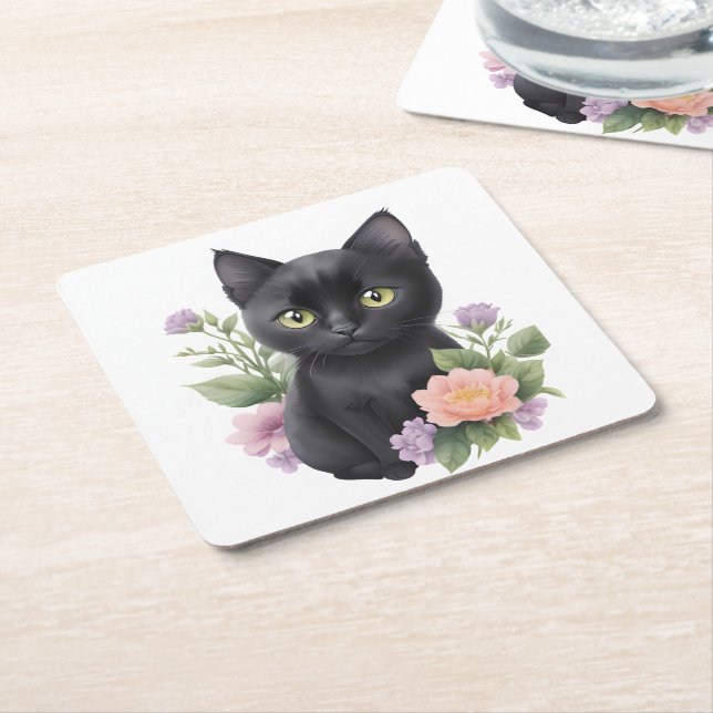 Cute Black Cat Floral Whimsical  Square Paper Coaster (Angled)