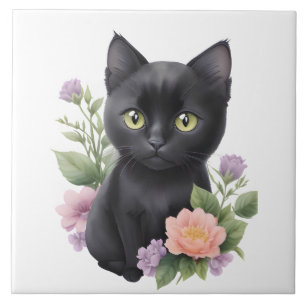 Cute Black Cat Floral Whimsical  Tile