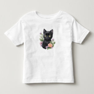 Cute Black Cat Floral Whimsical  Toddler T-shirt