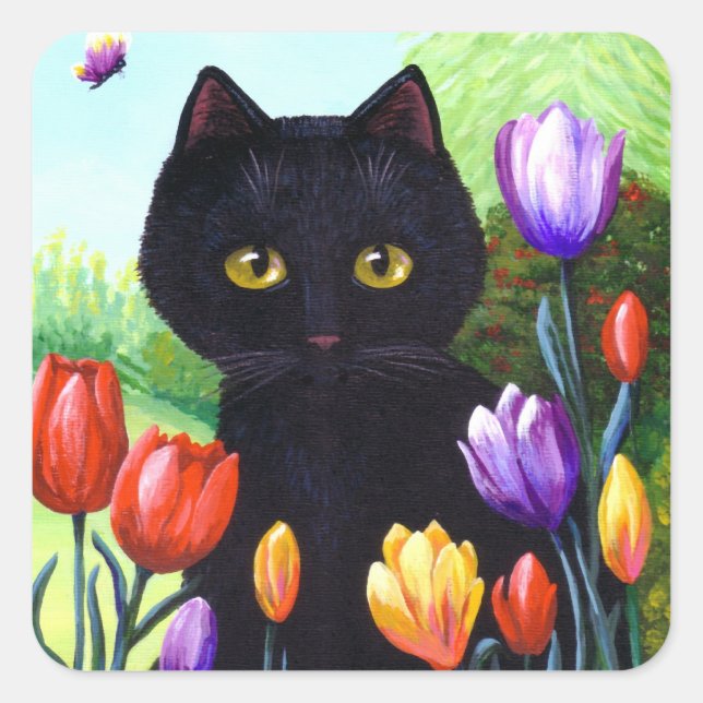 Cute Black Cat Flowers Tulips Creationarts Square Sticker (Front)
