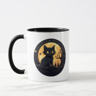 Cute Black Cat Full Moon Modern Halloween Mug