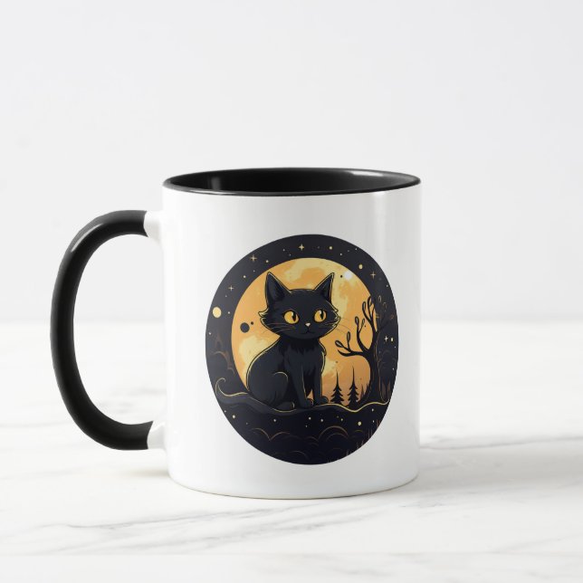 Cute Black Cat Full Moon Modern Halloween Mug (Left)