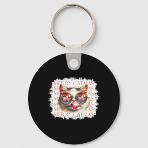 Cute Black Cat Funny Meowy Christmas Light Xmas Ho Keychain