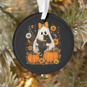 Cute Black Cat Ghost Reading Book Halloween Ornament