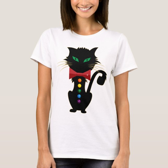 Cute Black Cat Green Eyes Rainbow Colours Design T-Shirt (Front)