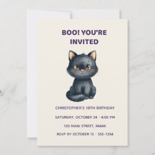 Cute Black Cat Halloween Birthday Invitation Kid