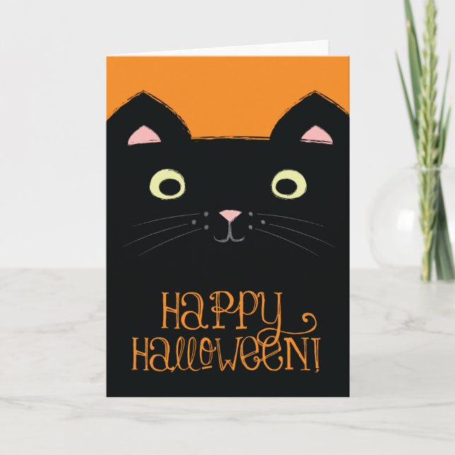 Cute Black Cat Halloween Card (Front)