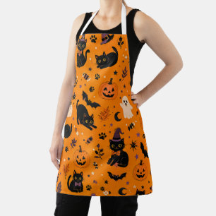 Cute Black Cat Halloween Orange Apron