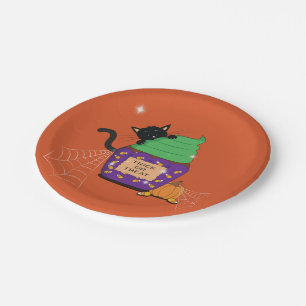 Cute Black Cat Halloween Orange Paper Plate