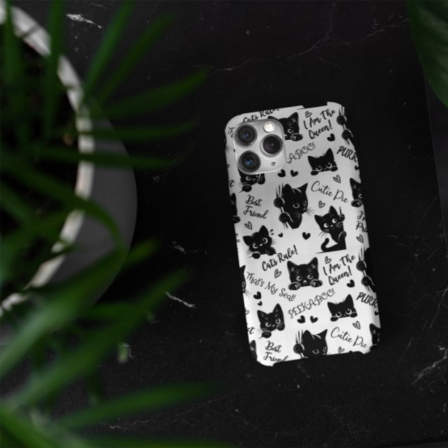 Cute Black Cat Halloween Pattern for Cat Lovers iPhone Case (Cute Black Cats and Sayings with Hearts Pattern  for Cat Lovers and Halloween iPhone 15 Pro Max Case)