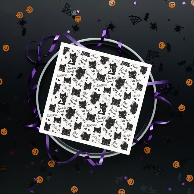 Cute Black Cat Halloween Pattern for Cat Lovers Napkin (Cute Black Cats and Sayings with Hearts Pattern  for Cat Lovers and Halloween Paper Napkins)