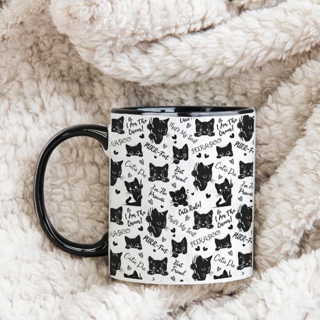Cute Black Cat Halloween Pattern for Cat Lovers Two-Tone Coffee Mug (Cute Black Cats and Sayings with Hearts Pattern  for Cat Lovers and Halloween Two-Tone Coffee Mug)