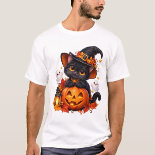Cute Black Cat Halloween Pumpkin Basic T-Shirt