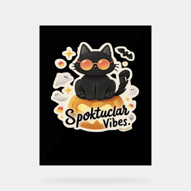 Cute Black Cat Halloween Pumpkin Oversized T-Shirt Acrylic Sign (Front)
