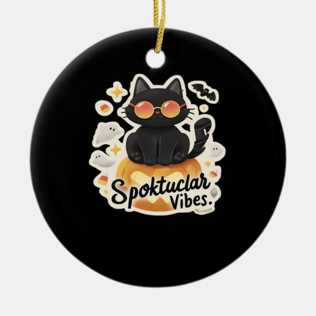 Cute Black Cat Halloween Pumpkin Oversized T-Shirt Ceramic Ornament (Front)