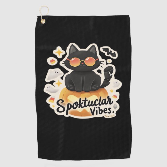 Cute Black Cat Halloween Pumpkin Oversized T-Shirt Golf Towel (Front)