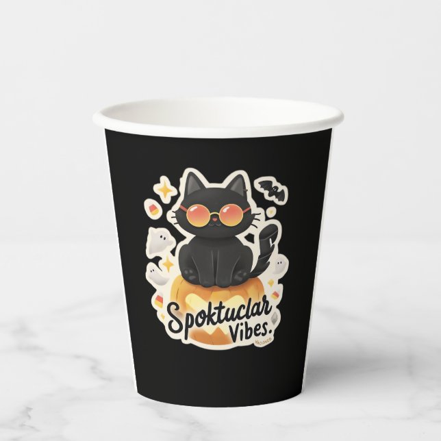 Cute Black Cat Halloween Pumpkin Oversized T-Shirt Paper Cups (Front)