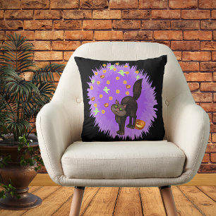 Cute Black Cat Halloween Stars Ghosts Pumpkins Throw Pillow