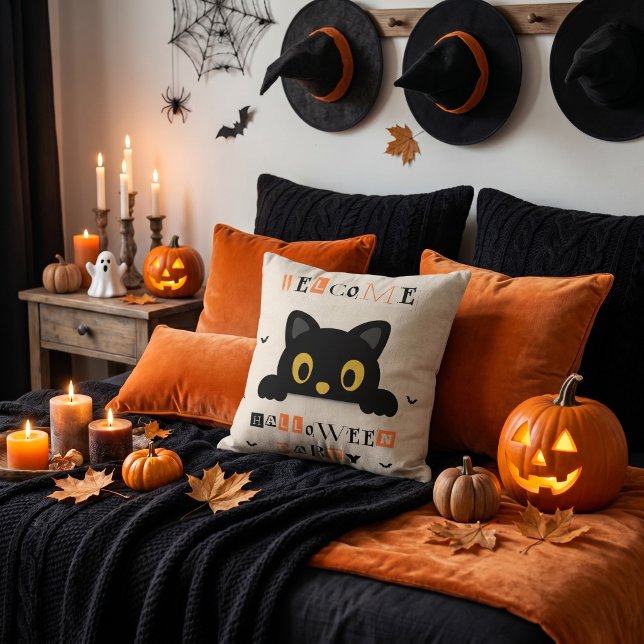 Cute Black Cat Halloween Throw Pillow (Creator Uploaded)